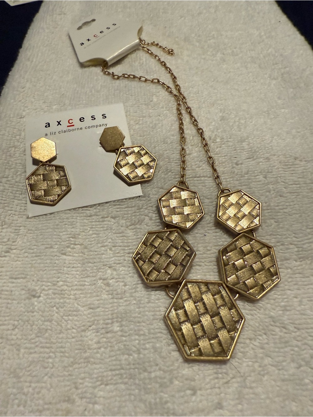 Axcess Gold-tone Hexagon Drop Earrings with Woven Texture and matching necklace
